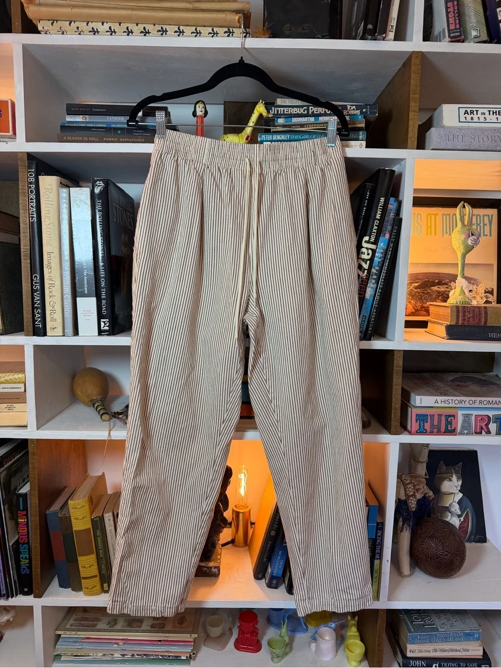 Men's Beige Striped Elastic-Waist Pants